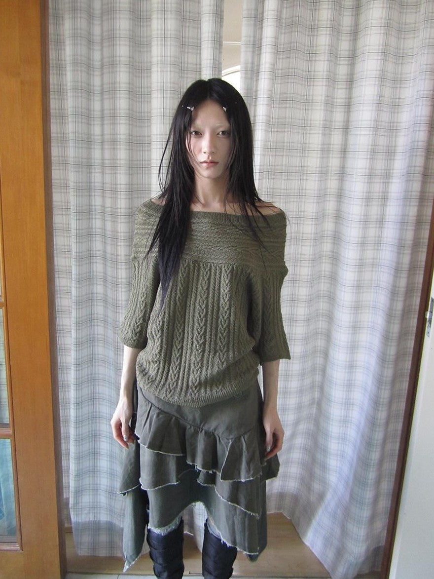 ang project Green Cable Knit Bardot Neckline Two Way Elbow Sleeve Women&