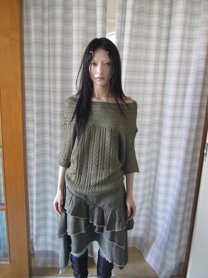 ang project Green Cable Knit Bardot Neckline Two Way Elbow Sleeve Women&