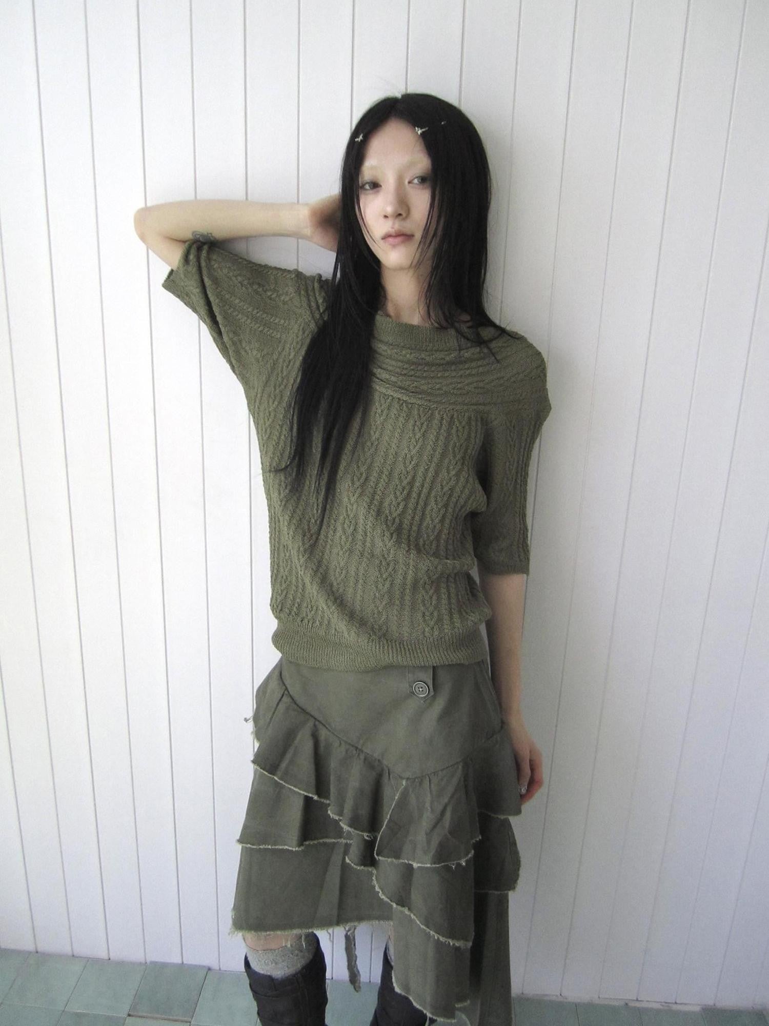 ang project Green Cable Knit Bardot Neckline Two Way Elbow Sleeve Women&