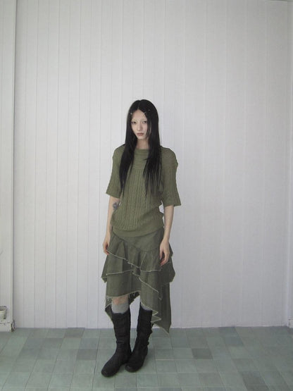 ang project Green Cable Knit Bardot Neckline Two Way Elbow Sleeve Women&