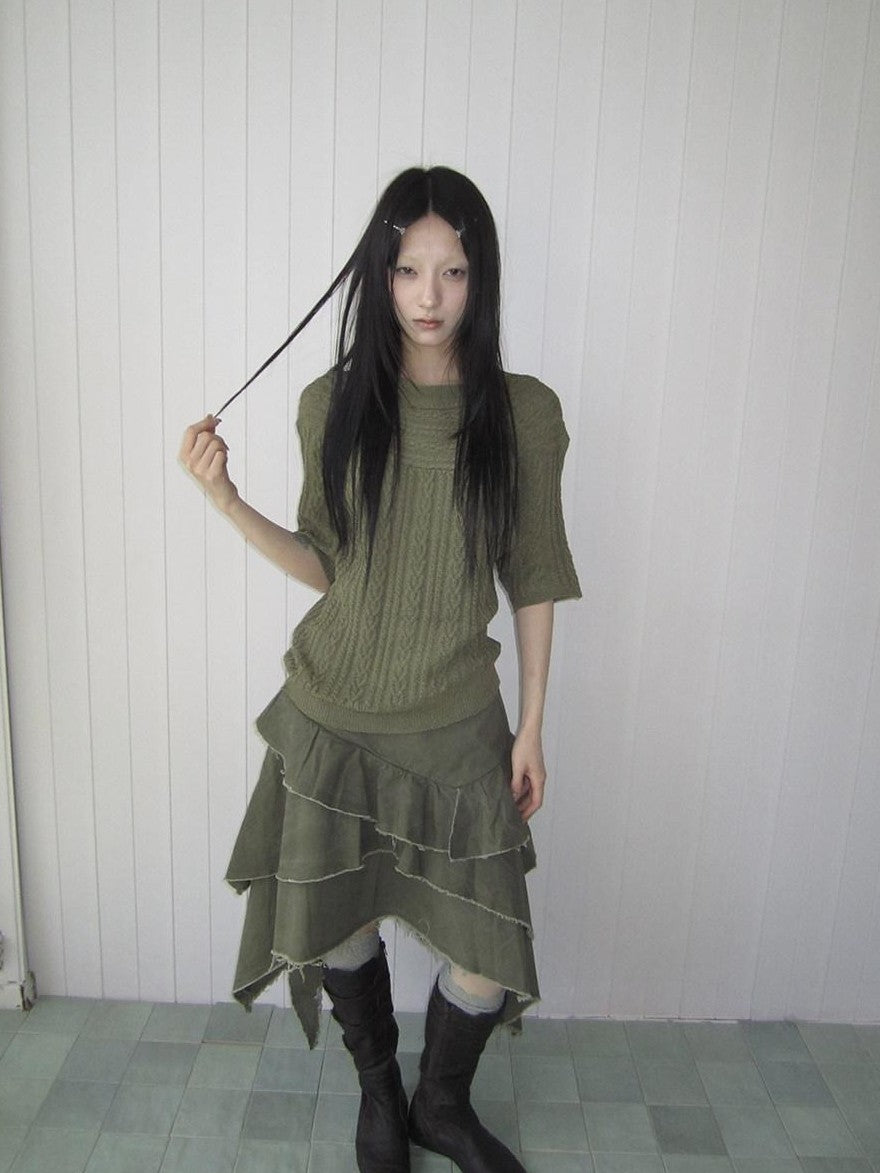 ang project Green Cable Knit Bardot Neckline Two Way Elbow Sleeve Women&