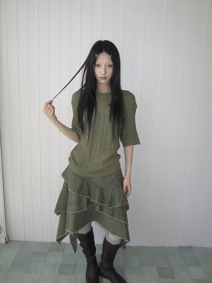 ang project Green Cable Knit Bardot Neckline Two Way Elbow Sleeve Women&