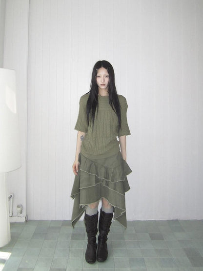 ang project Green Cable Knit Bardot Neckline Two Way Elbow Sleeve Women&
