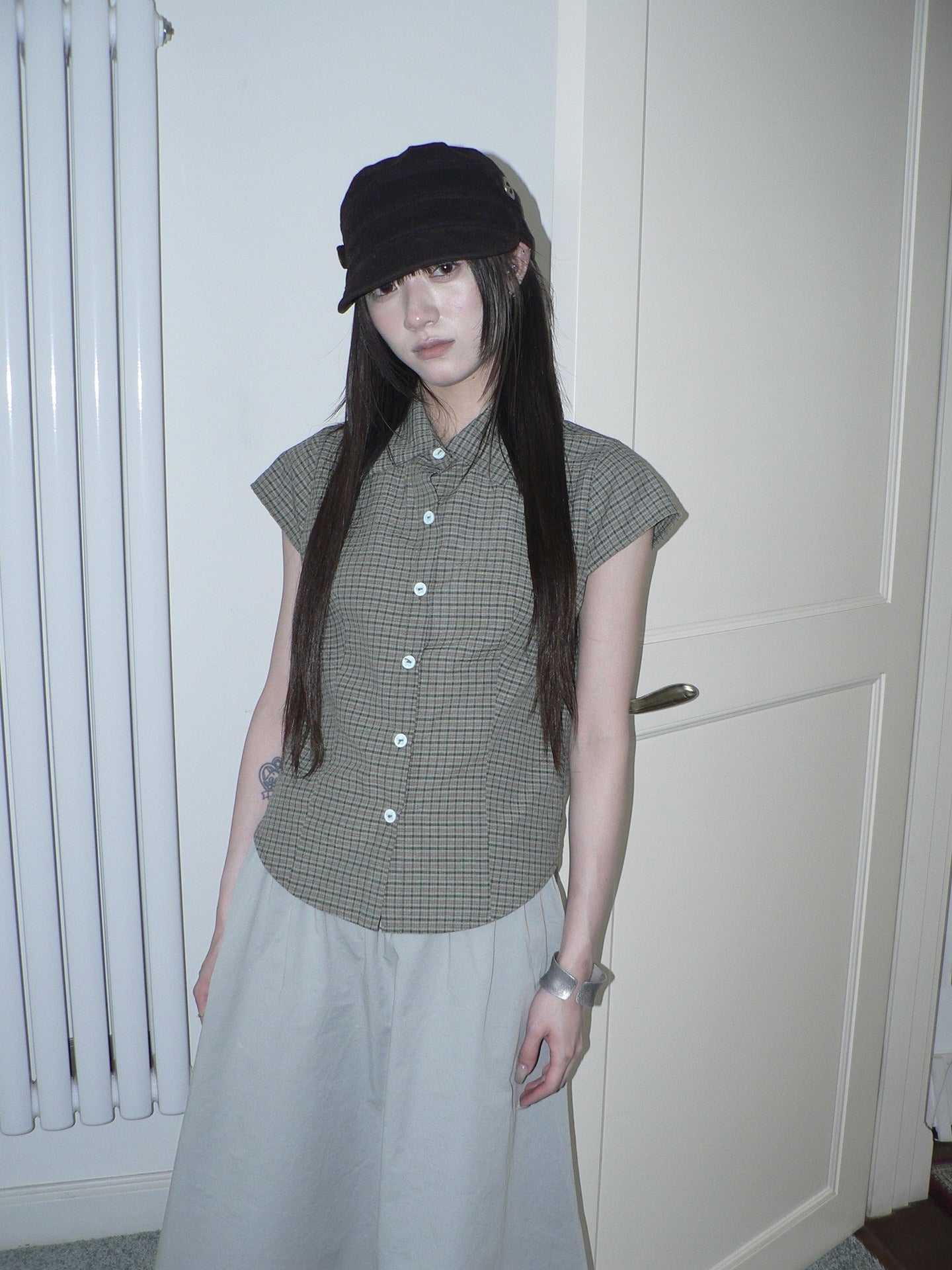 ang_project_Green_Checked_Butterfly_Buckle_Contrast_Flutter_Sleeve_Women&