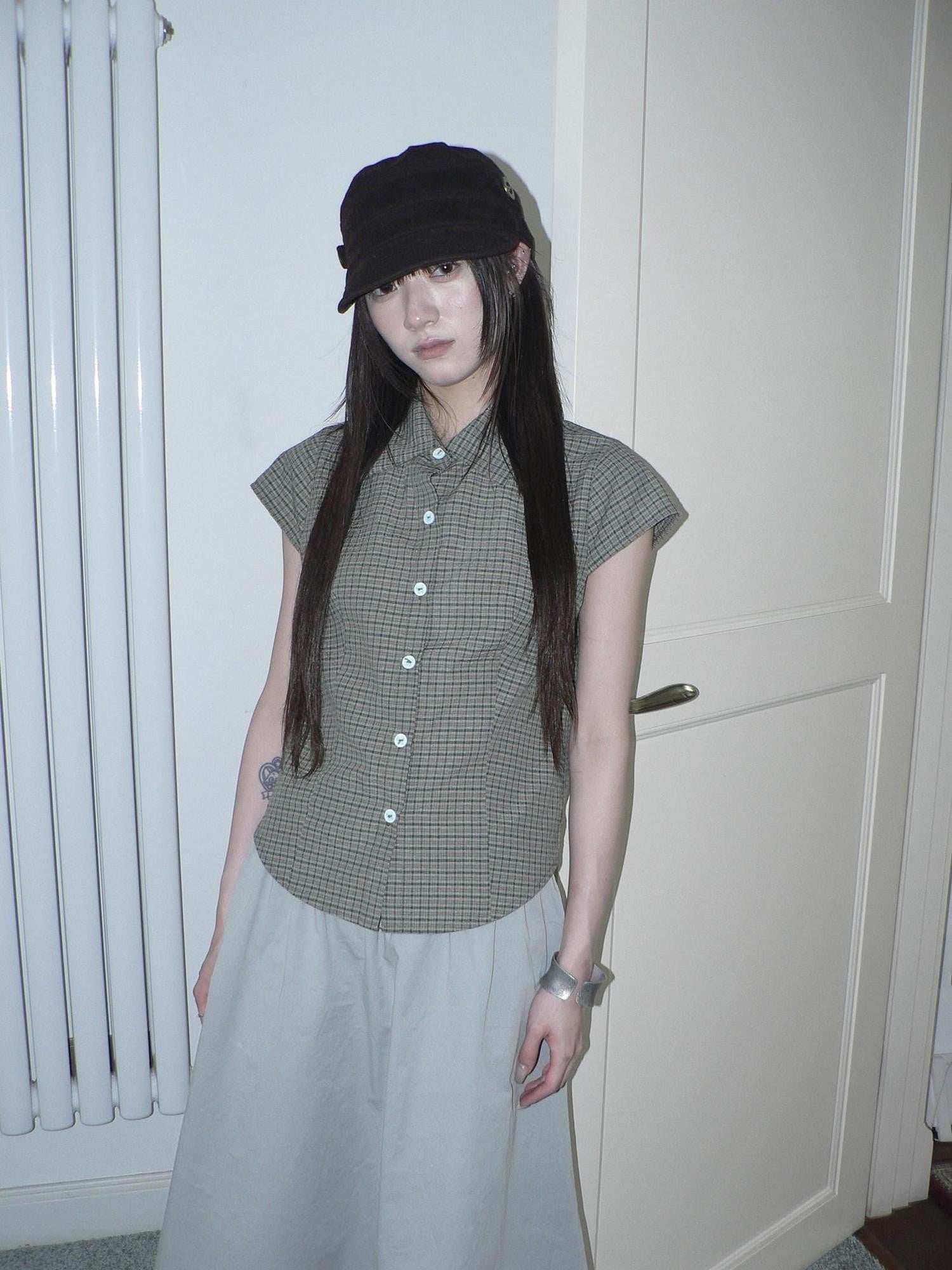 ang project Green Checked Butterfly Buckle Contrast Flutter Sleeve Women&