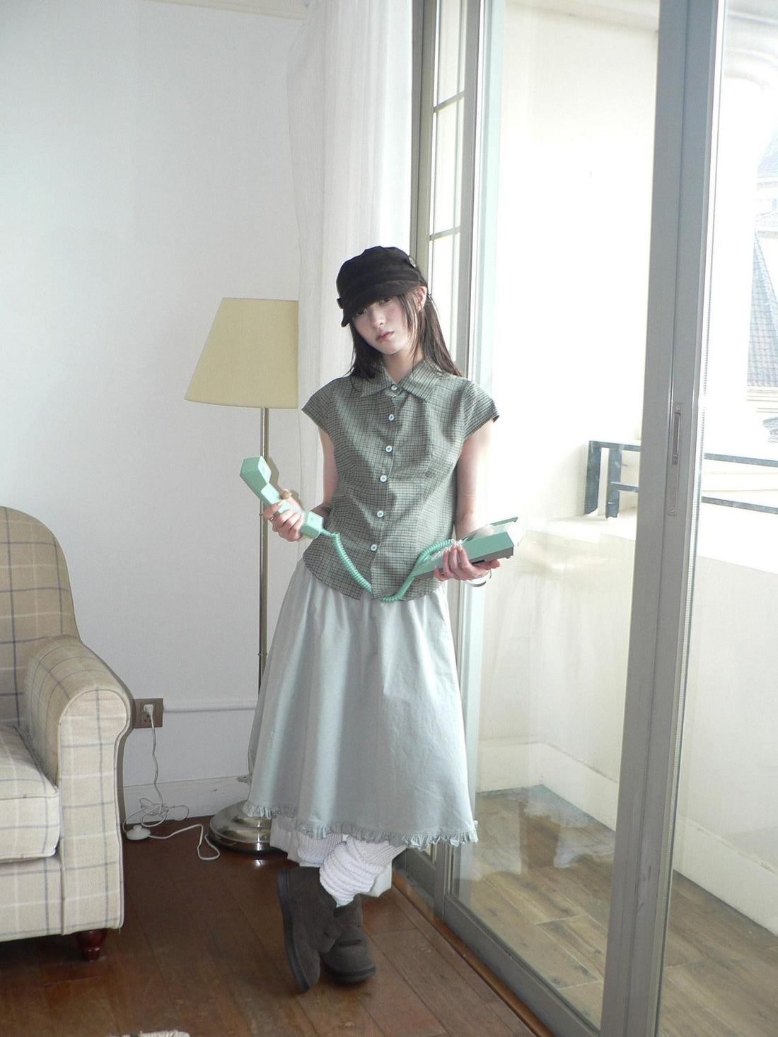 ang project Green Checked Butterfly Buckle Contrast Flutter Sleeve Women&