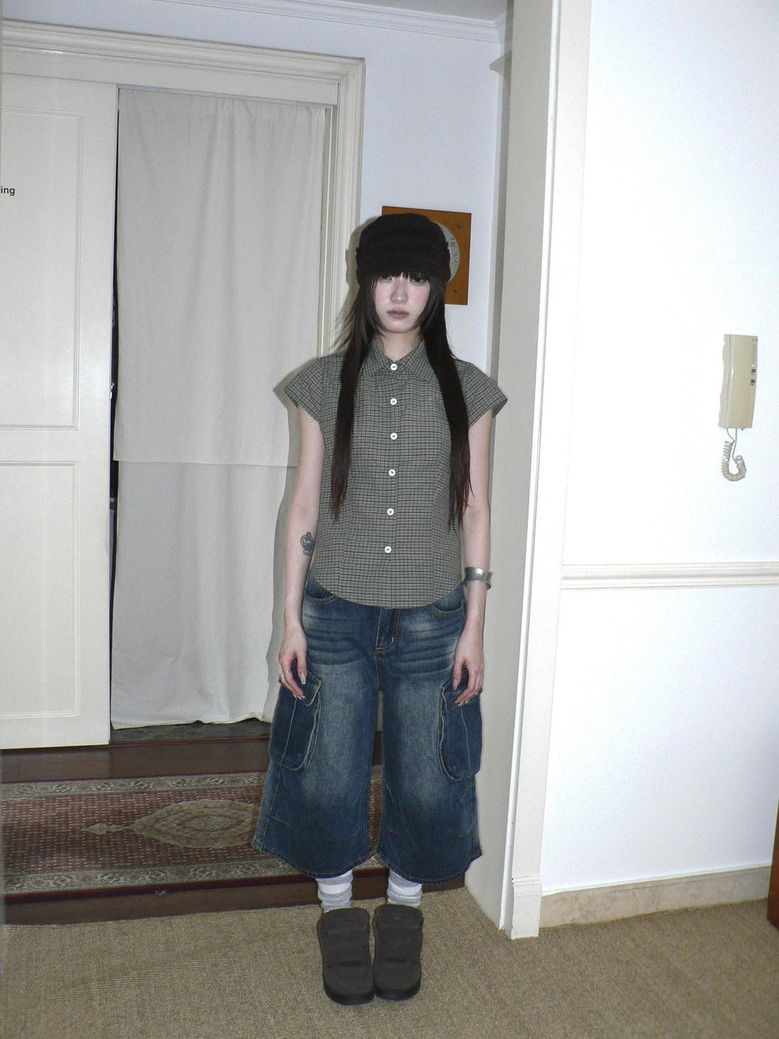 ang project Green Checked Butterfly Buckle Contrast Flutter Sleeve Women&