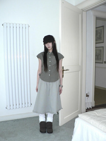 ang project Green Checked Butterfly Buckle Contrast Flutter Sleeve Women&