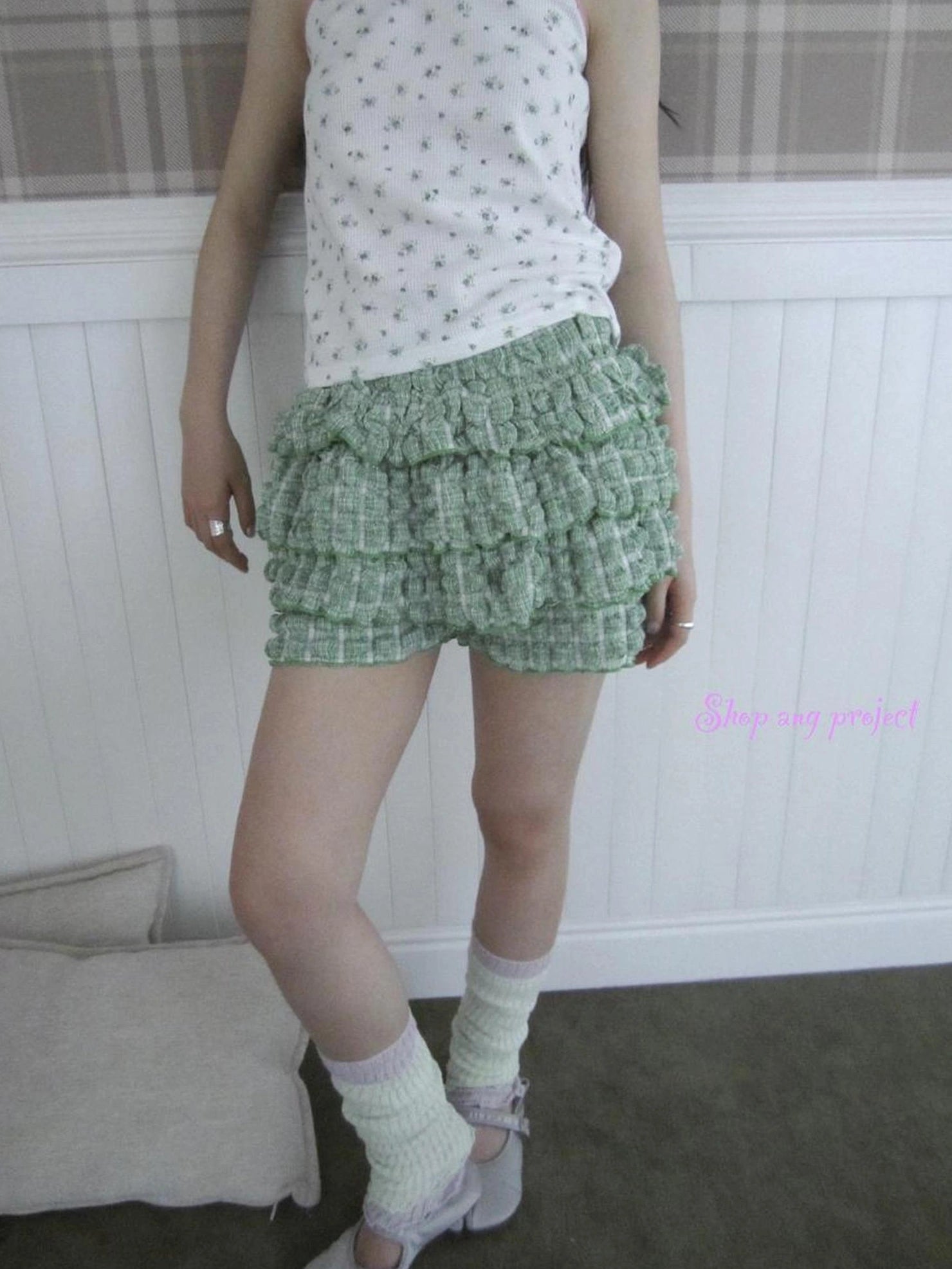 ang project Green Checkered Ruffle Hem Cake Pants Skirt Skirt