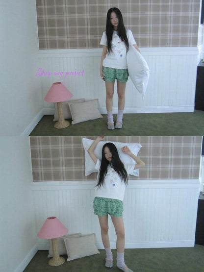 ang project Green Checkered Ruffle Hem Cake Pants Skirt Skirt