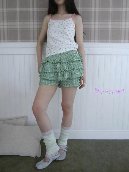 ang project Green Checkered Ruffle Hem Cake Pants Skirt Skirt