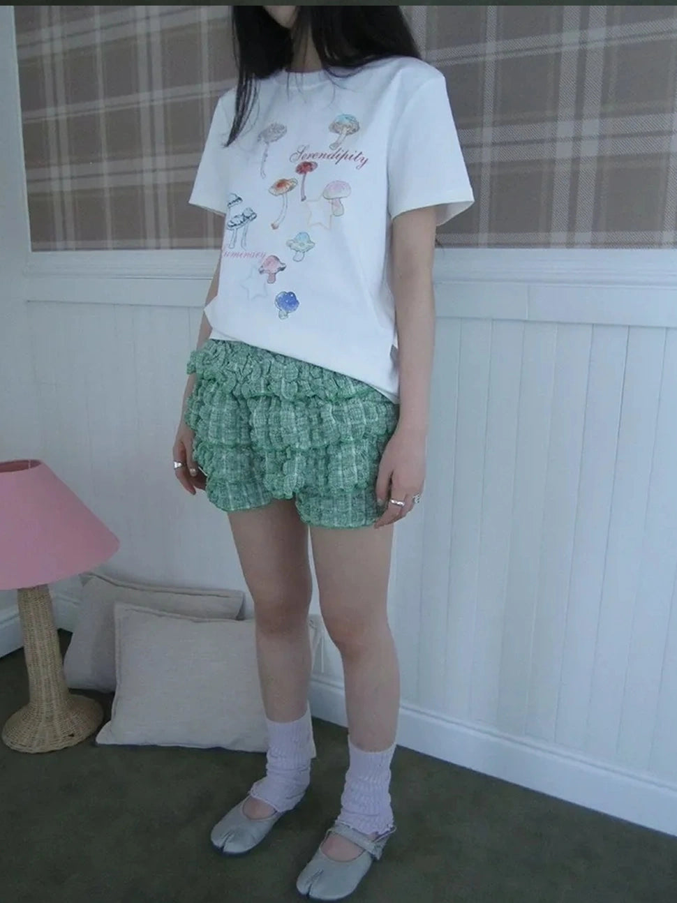 ang project Green Checkered Ruffle Hem Cake Pants Skirt Skirt