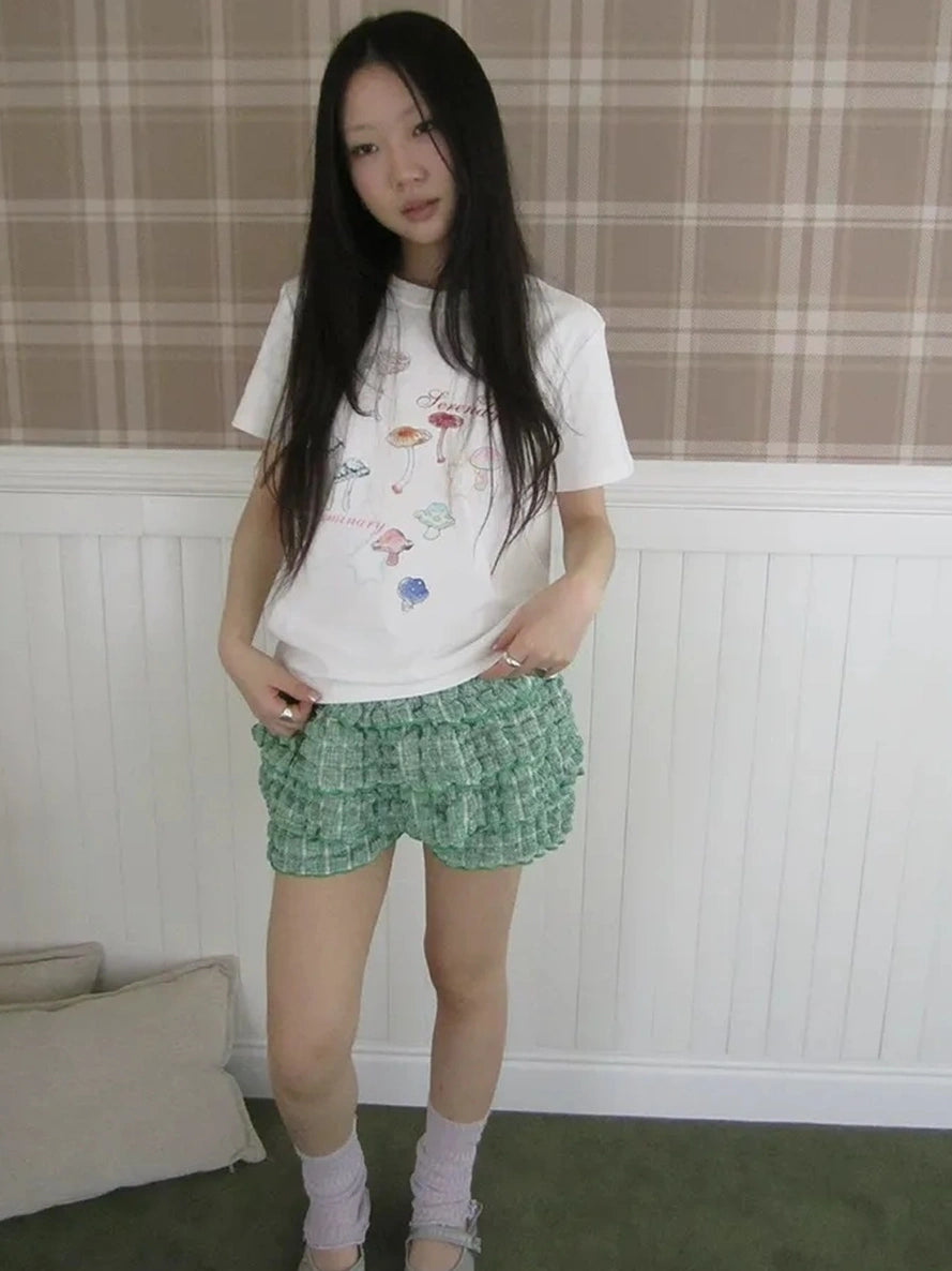 ang project Green Checkered Ruffle Hem Cake Pants Skirt Skirt