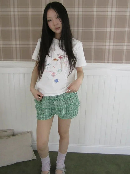 ang project Green Checkered Ruffle Hem Cake Pants Skirt Skirt