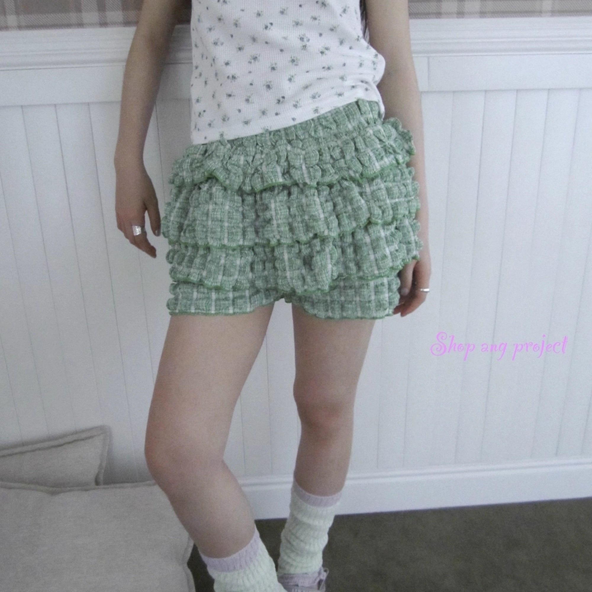 ang_project_Green_Checkered_Ruffle_Hem_Cake_Pants_Skirt_MISSTT