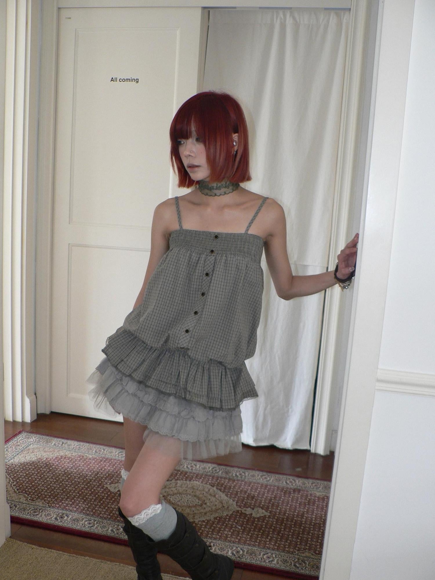 ang project Green Double Layer Lace Patchwork Button Plaid Women&