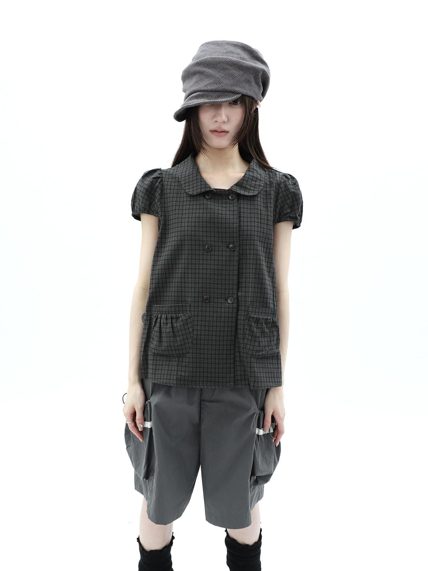 ang project Green Plaid Collared Puff Sleeve Women&