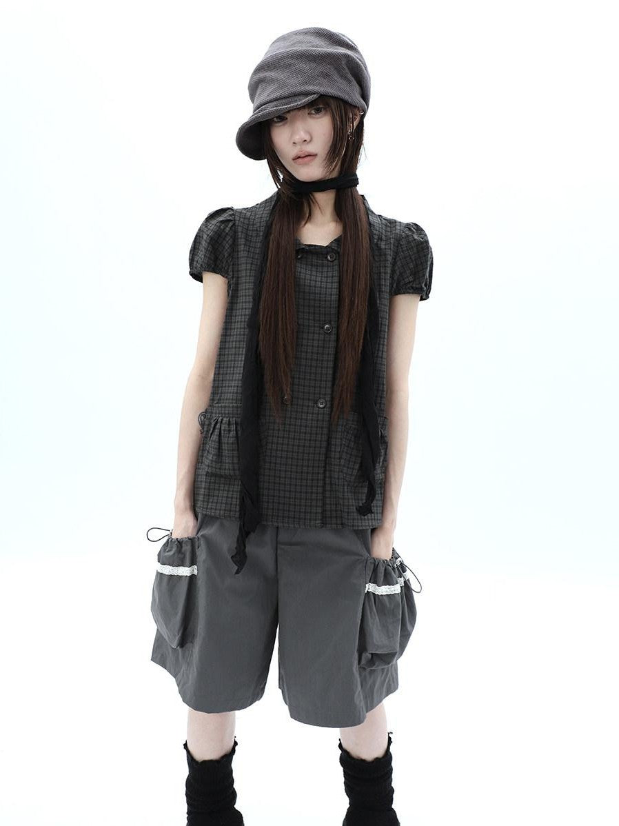 ang project Green Plaid Collared Puff Sleeve Women&
