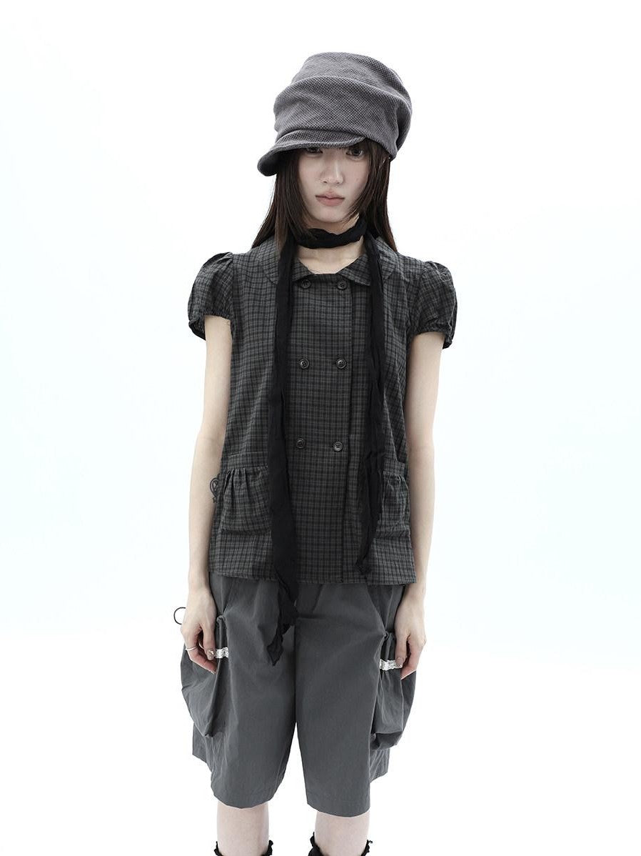 ang project Green Plaid Collared Puff Sleeve Women&
