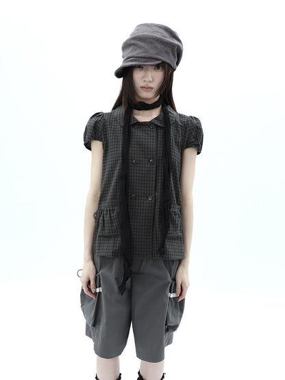 ang project Green Plaid Collared Puff Sleeve Women&