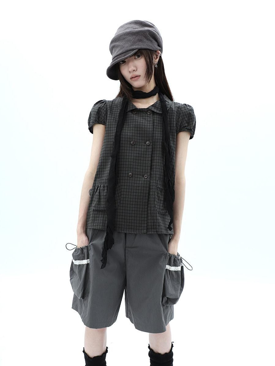ang project Green Plaid Collared Puff Sleeve Women&