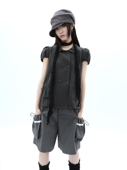ang project Green Plaid Collared Puff Sleeve Women&