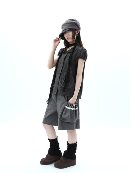 ang project Green Plaid Collared Puff Sleeve Women&