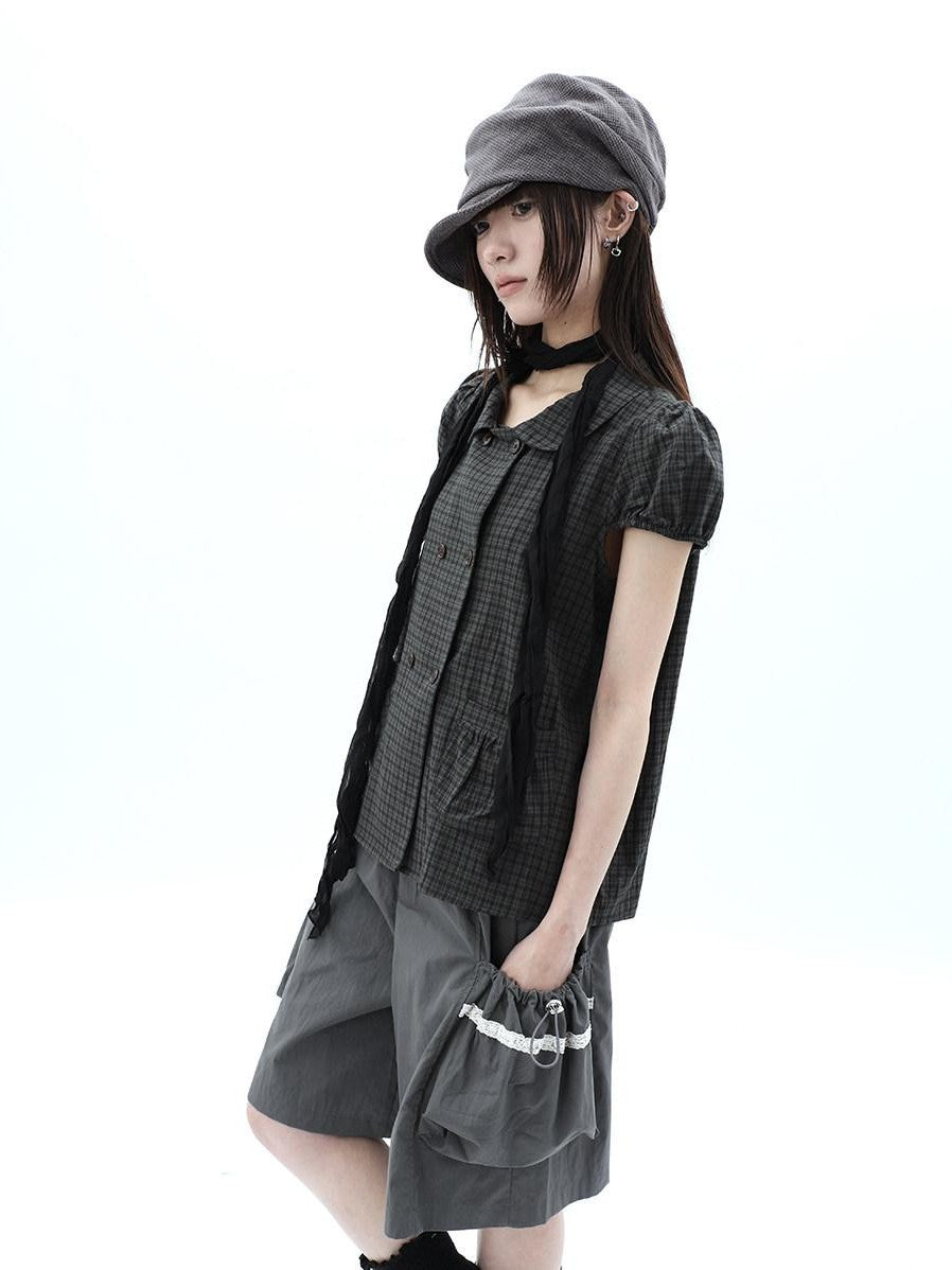 ang project Green Plaid Collared Puff Sleeve Women&