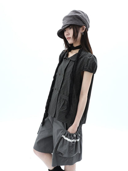 ang project Green Plaid Collared Puff Sleeve Women&