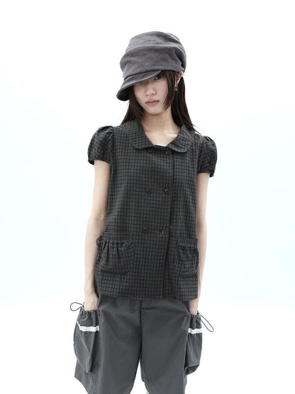 ang project Green Plaid Collared Puff Sleeve Women&