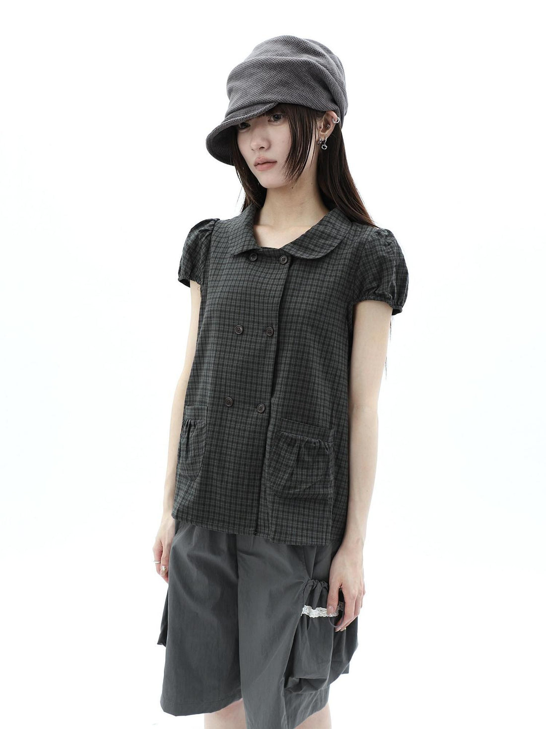 ang project Green Plaid Collared Puff Sleeve Women&