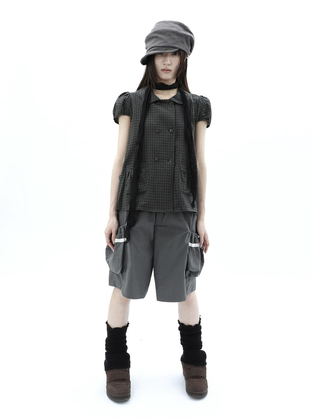 ang project Green Plaid Collared Puff Sleeve Women&