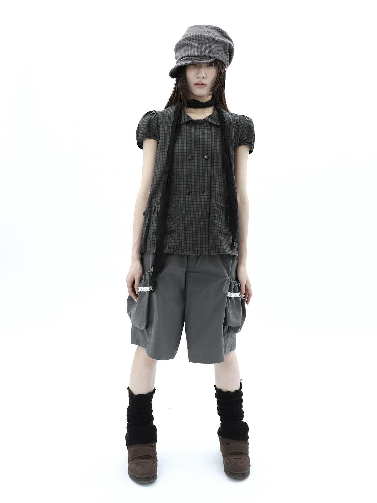 ang project Green Plaid Collared Puff Sleeve Women&