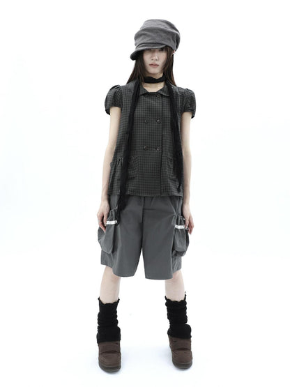 ang project Green Plaid Collared Puff Sleeve Women&