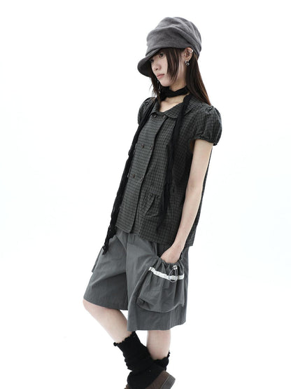ang project Green Plaid Collared Puff Sleeve Women&