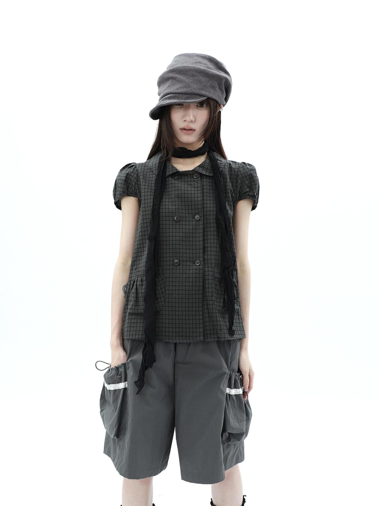 ang project Green Plaid Collared Puff Sleeve Women&