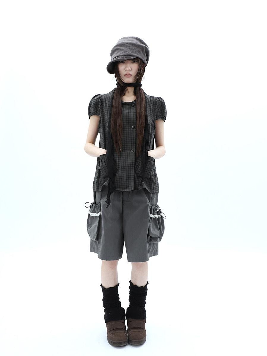 ang project Green Plaid Collared Puff Sleeve Women&