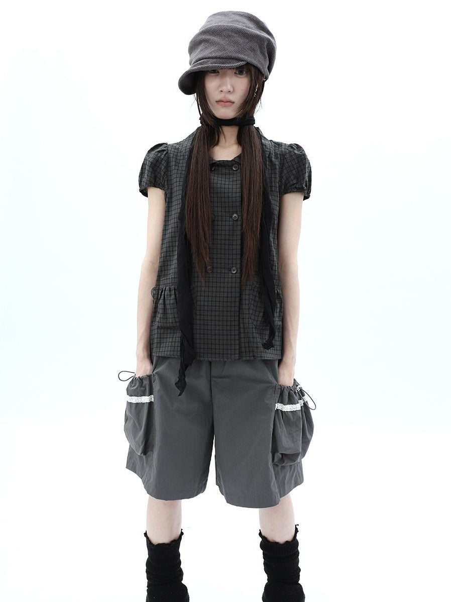 ang project Green Plaid Collared Puff Sleeve Women&