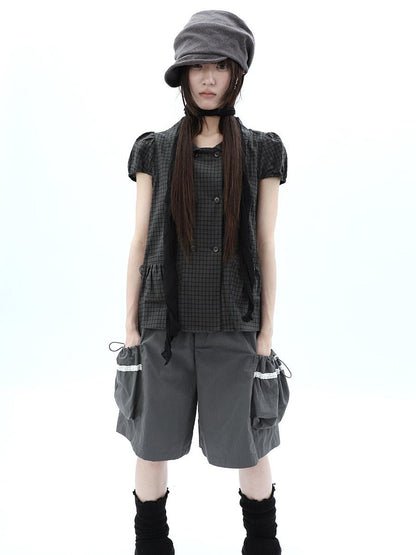 ang project Green Plaid Collared Puff Sleeve Women&
