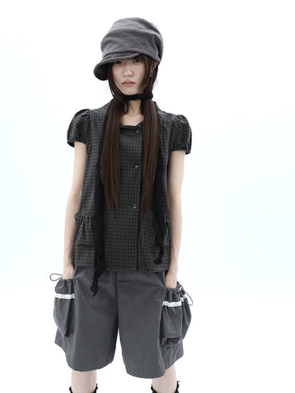 ang project Green Plaid Collared Puff Sleeve Women&