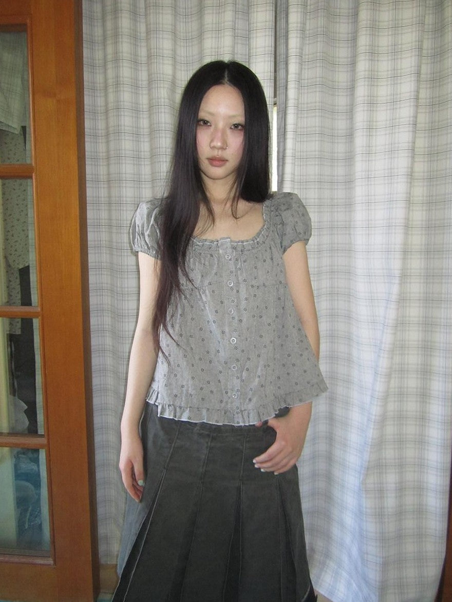 ang project Grey Floral Square Neck Puff Sleeve Ruffle Button Women&