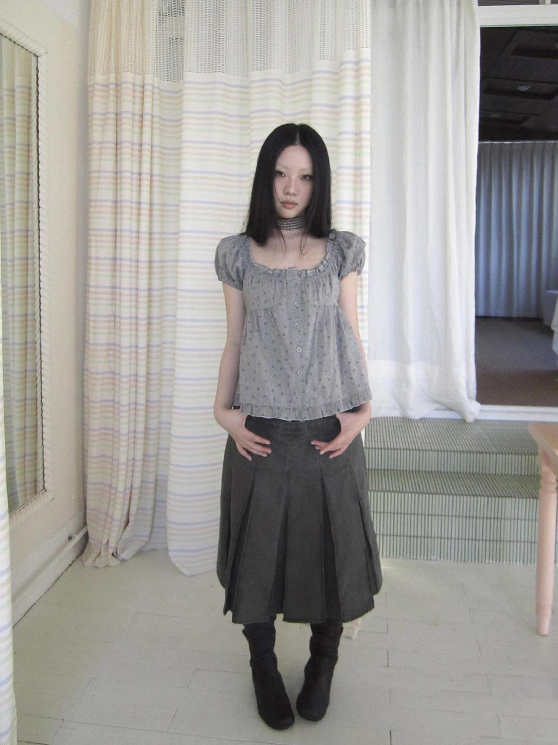 ang project Grey Floral Square Neck Puff Sleeve Ruffle Button Women&