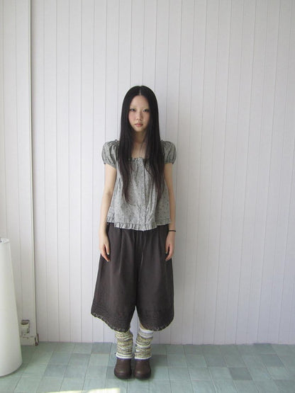 ang project Grey Floral Square Neck Puff Sleeve Ruffle Button Women&