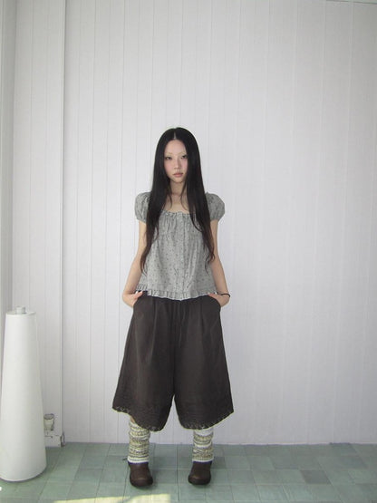 ang project Grey Floral Square Neck Puff Sleeve Ruffle Button Women&