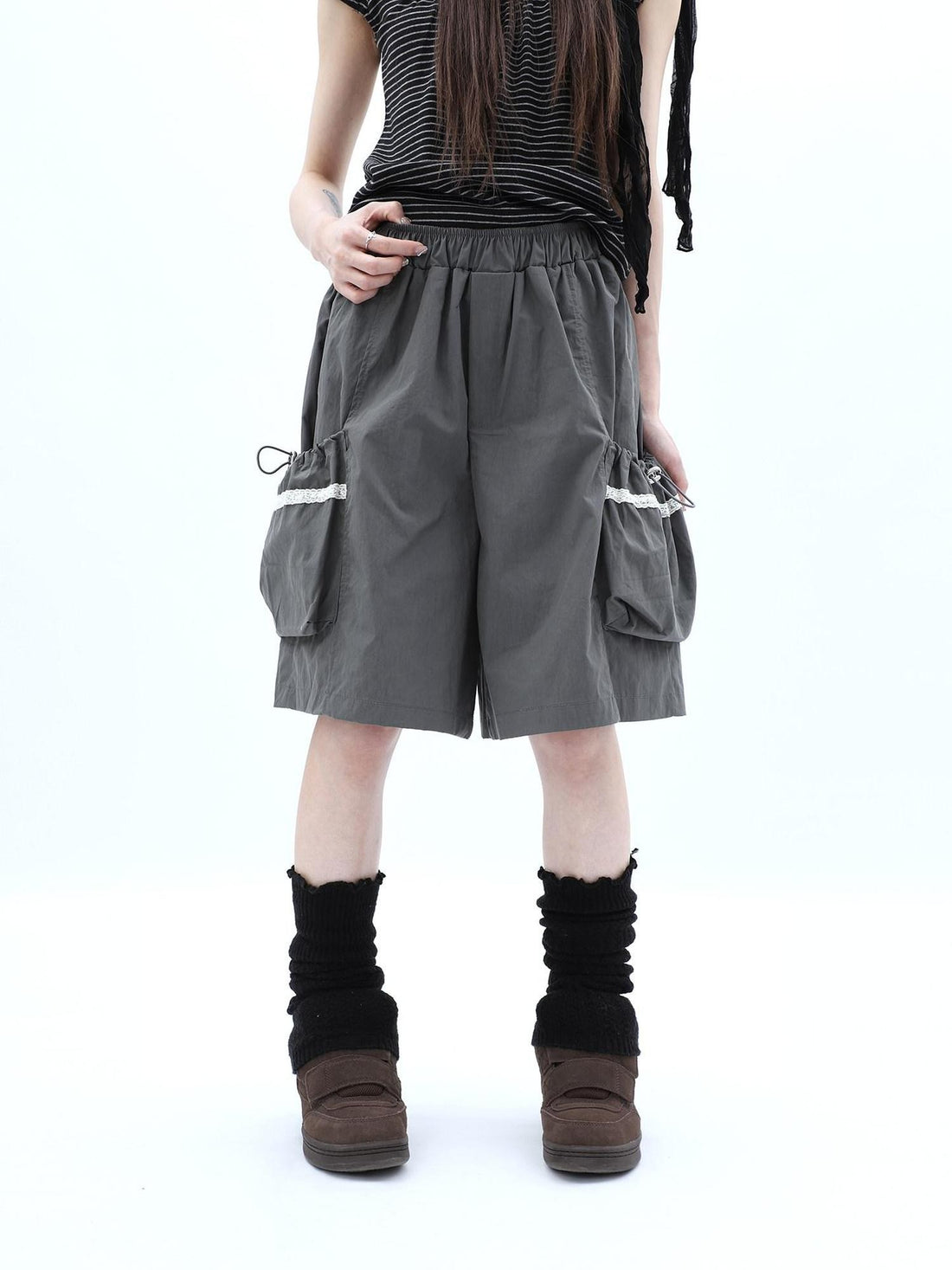 ang project Grey Lace Trim Patchwork Elastic Waist Cargo Women&
