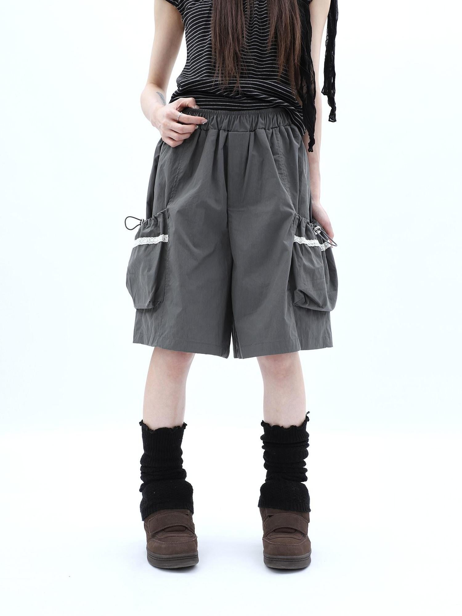 ang project Grey Lace Trim Patchwork Elastic Waist Cargo Women&