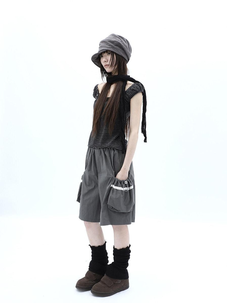ang project Grey Lace Trim Patchwork Elastic Waist Cargo Women&