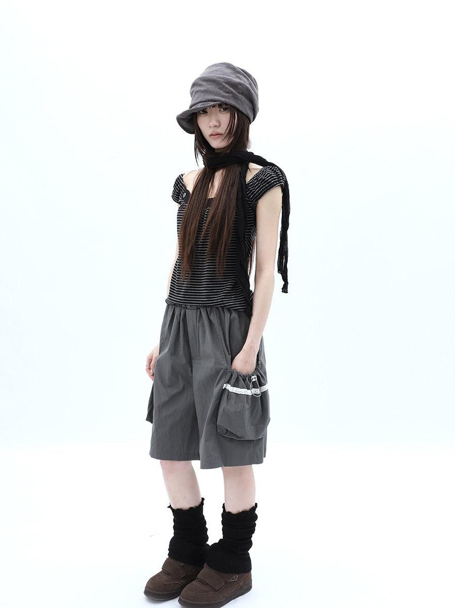 ang project Grey Lace Trim Patchwork Elastic Waist Cargo Women&
