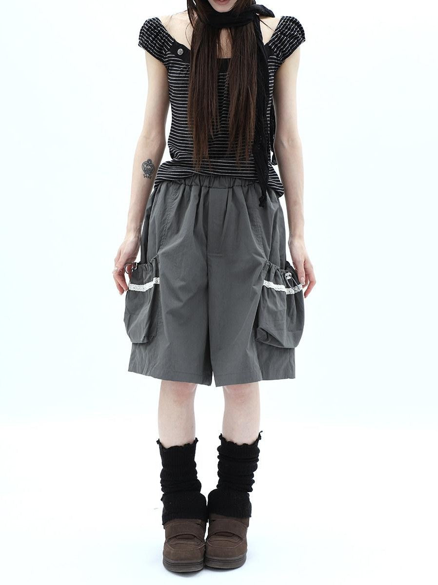 ang project Grey Lace Trim Patchwork Elastic Waist Cargo Women&