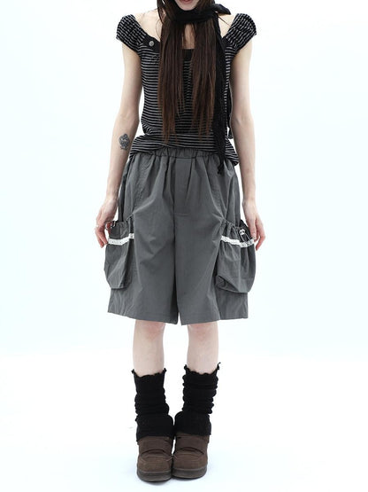 ang project Grey Lace Trim Patchwork Elastic Waist Cargo Women&